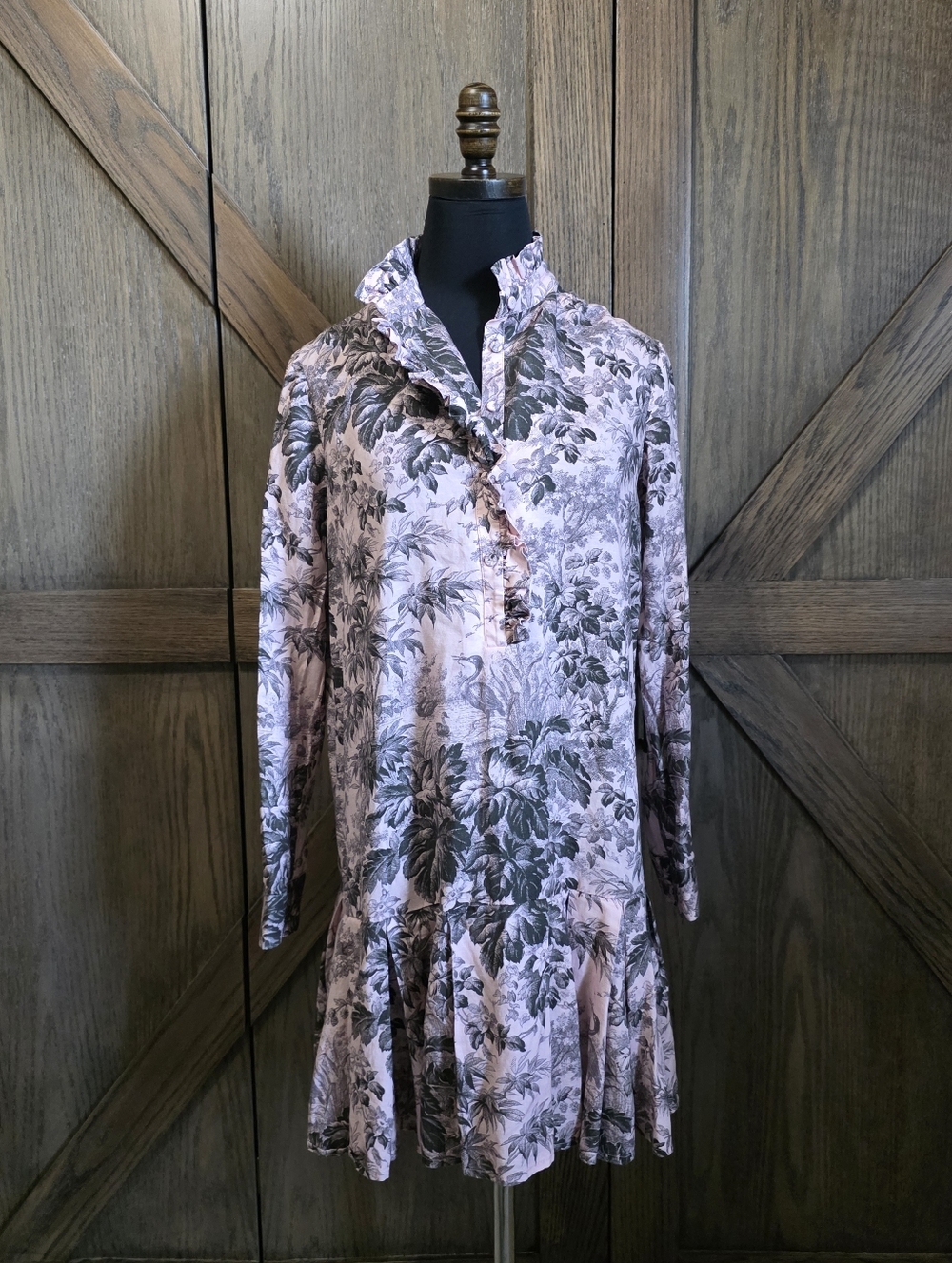 Tuckernuck Blush Pink and Charcoal Floral Ruffle-Front Tunic Dress